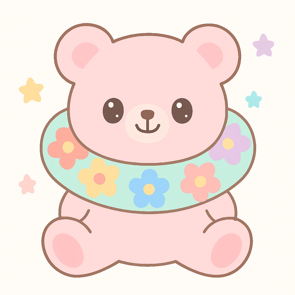 pink teddy bear, floral neck pillow with bright flowers, playful and cozy, plain background emoji