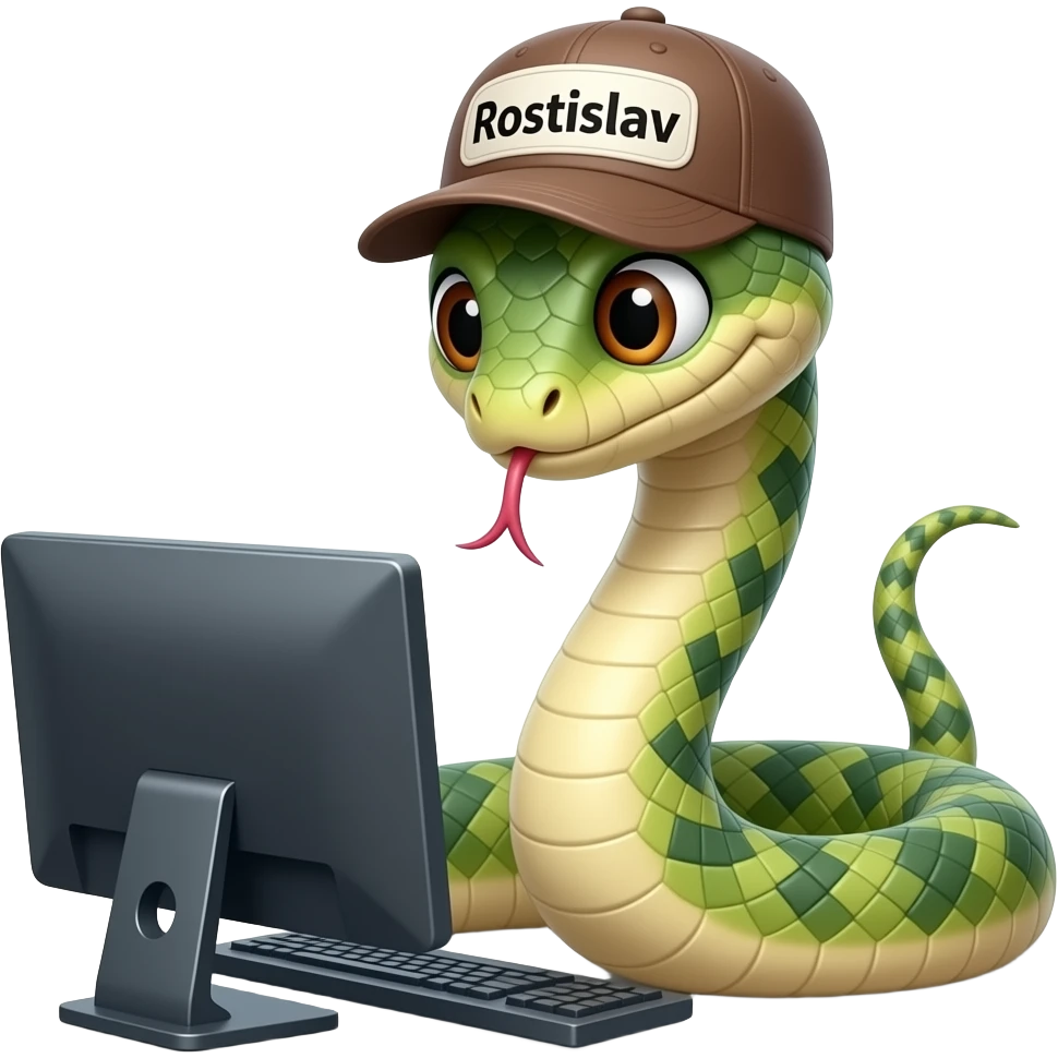 змея с карими глазами в кепке с надписью Ростислав играет в компьютер emoji