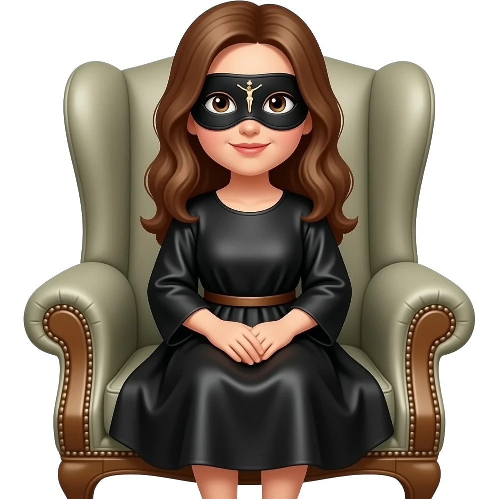 The female vintage figure is in a crouching on the armchair covered with heavy fabric. The most prominent detail is the black eye mask with a small figurine of the crucified Jesus sewn between the eyes emoji