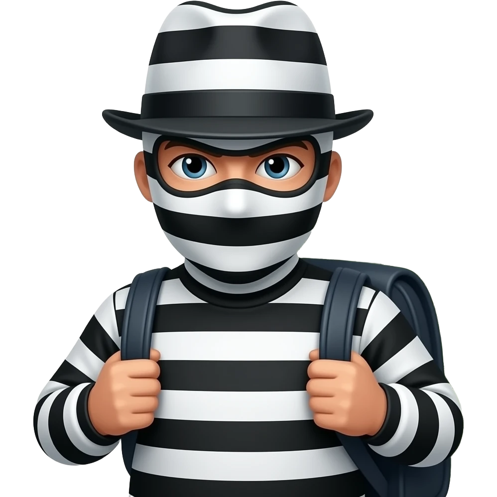 Quiero que sea un emoji como de un ladrón que tenga la vestimenta como de ladrón de negro, con blanco de rayas, y que tenga una máscara del mismo color con un gorro que sea con rayas también blancas y negras, y con un saco en la espalda que esté lleno de dinero emoji