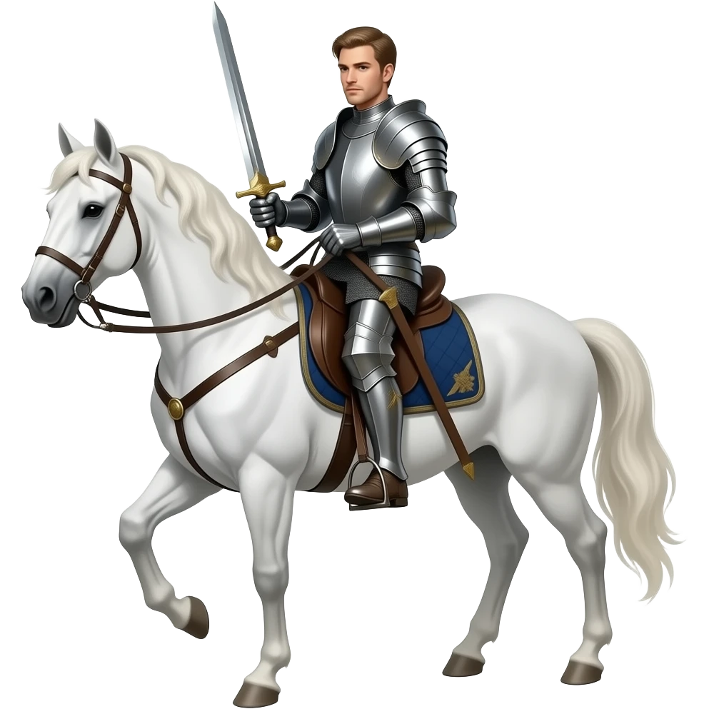 Knight in armot on white  horseback showing handsome face emoji