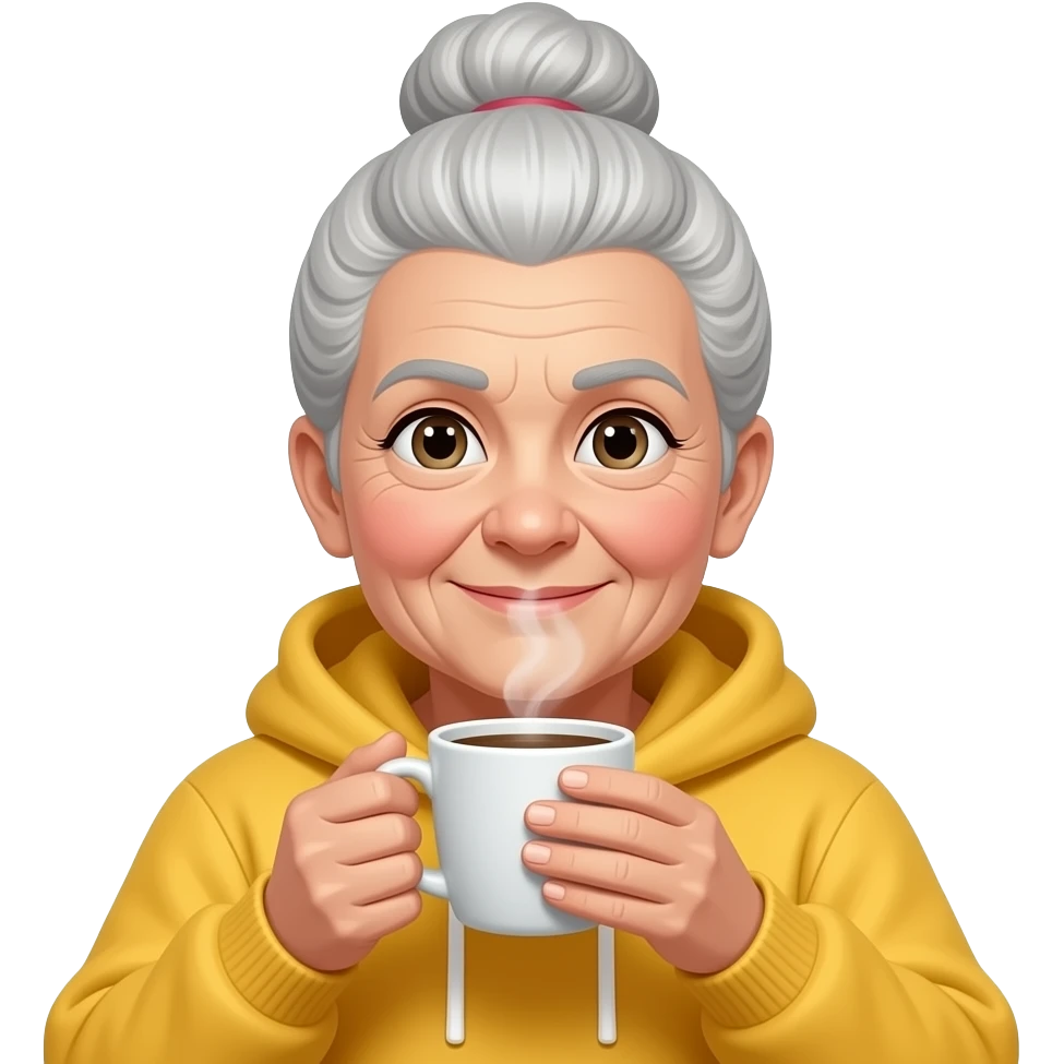 change her dress into yellow hoodie  and also change the cup color old women with bun and drink coffee with smoke create this with front view emoji