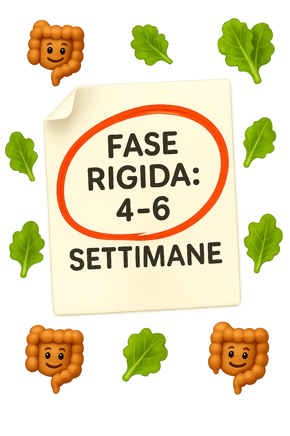 EMOJI STILE IPHONE DI UN foglio di carta fluttua in aria con la scritta "FASE RIGIDA: 4-6 SETTIMANE" CERCHIATA A PENNA IN ROSSO, ATTORNO AL FOGLIO FLUTTUANO PICCOLI TRATTI DI COLON UMANO IN STILE EMOJI E FOGLIE DI INSALATA, REALISTICA 4K emoji