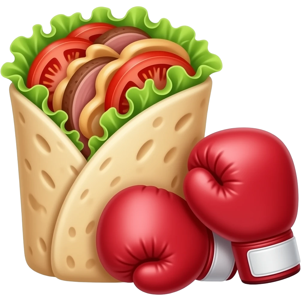 Doner kebab emoji in an open flatbread (not wrapped like a dürüm), visible filling with layered meat slices, lettuce, tomato and sauce, bread folded but open at the top, small boxing gloves, no arms or legs, clean glossy emoji style emoji