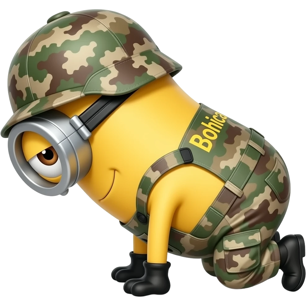 minion in army fatigues bend over here it comes again  text Bohica emoji