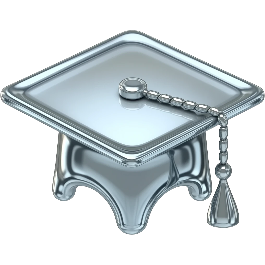 Créez une icône en forme de graduate cap. Elle doit être faite de chrome liquide brillant et avoir un aspect 3D fluide et des reflets métalliques fondues emoji