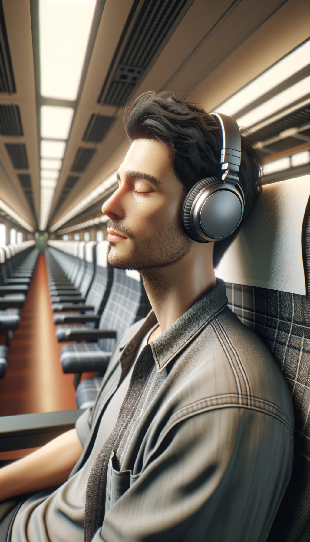 UOMO che ASCOLTA MUSICA CON LE CUFFIETTE NELLE ORECCHIE E GLI OCCHI CHIUSI SEDUTO SUL SEDILE DI UN TRENO, sullo sfondo L'INTERNO DELLA CABINA DI UN TRENO con toni chiari neutri, iperrealistico 4k emoji