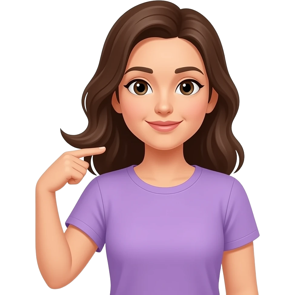 A woman tipping her hand by her shoulder as if she’s flipping her hair, wearing light purple basic t shirt. emoji