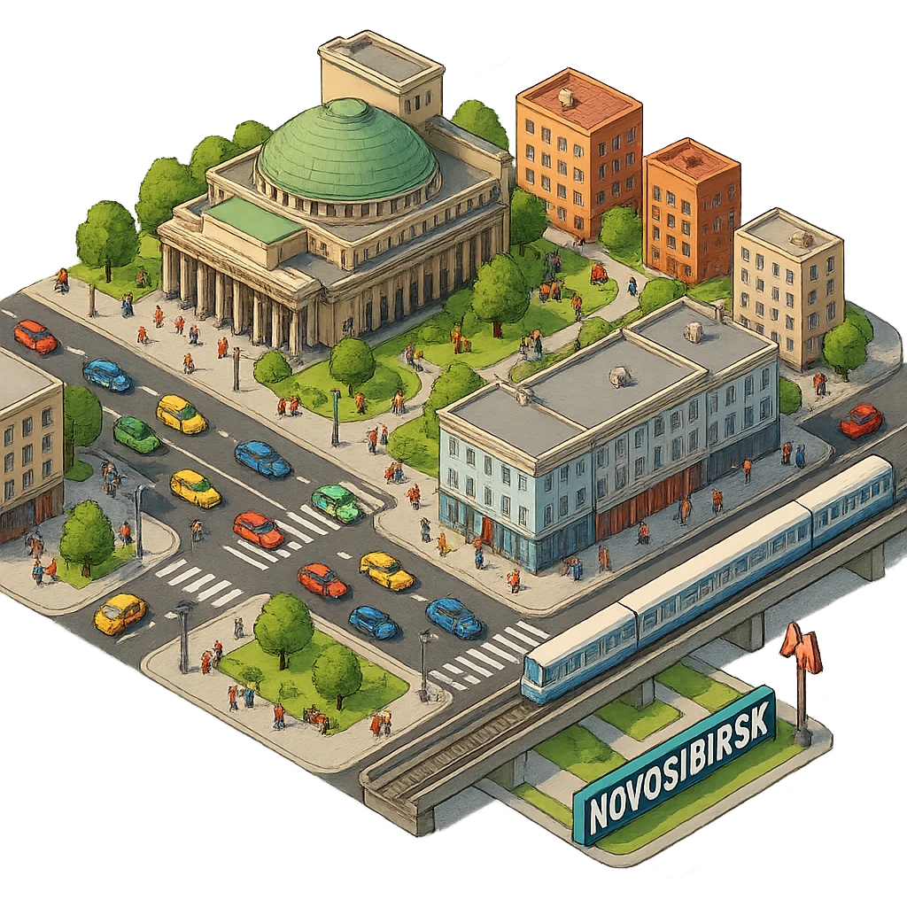 Изометричная миниатюрная фотореалистичная 3D модель Новосибирска, четкая детализация, яркие цвета, мультяшный реализм, люди, автотранспорт и метро, компактная композиция, вид сверху в изометрии, прозрачный фон emoji