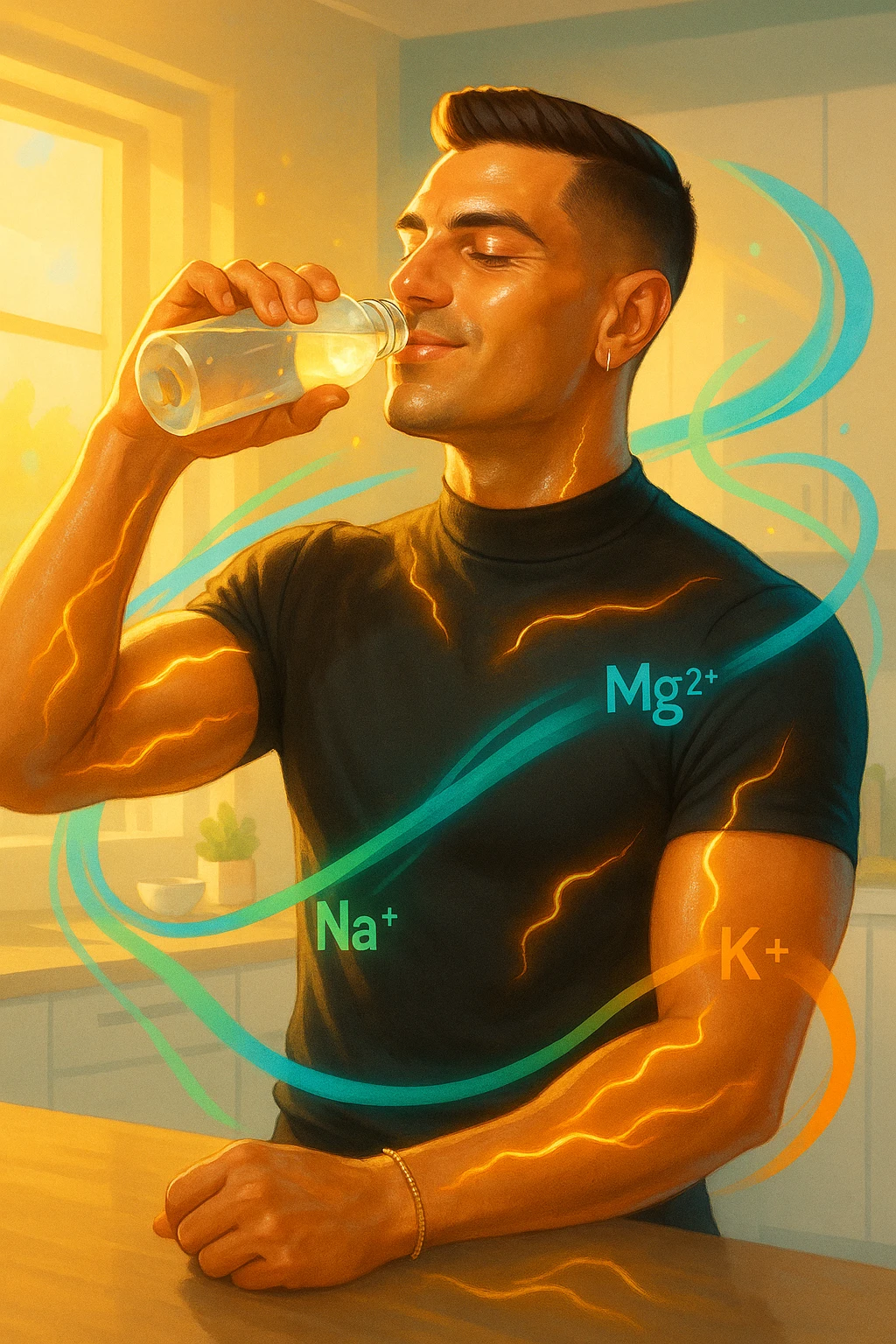 Athletic man around 30 years old, early morning, drinking a transparent electrolyte-rich beverage from a bottle. Body illuminated by natural golden light, with a light energetic aura around muscles symbolizing regeneration and recovery. Relaxed and vital expression, hydrated and glowing skin. Around him, light and colorful flows (blue, green, orange) represent electrolyte balance: sodium, potassium, magnesium. Natural environment or modern minimalist kitchen. Positive, clean, and invigorating atmosphere. Vertical 9:16 format. Inspired by the face in the reference photo. emoji