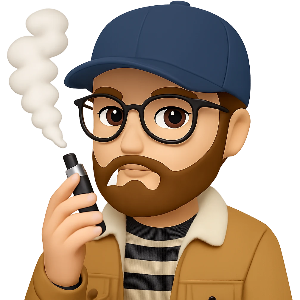 Make the guy vaping look more hipster by adding features like a beard, glasses, and trendy clothes. Keep the original style and remove the background. emoji