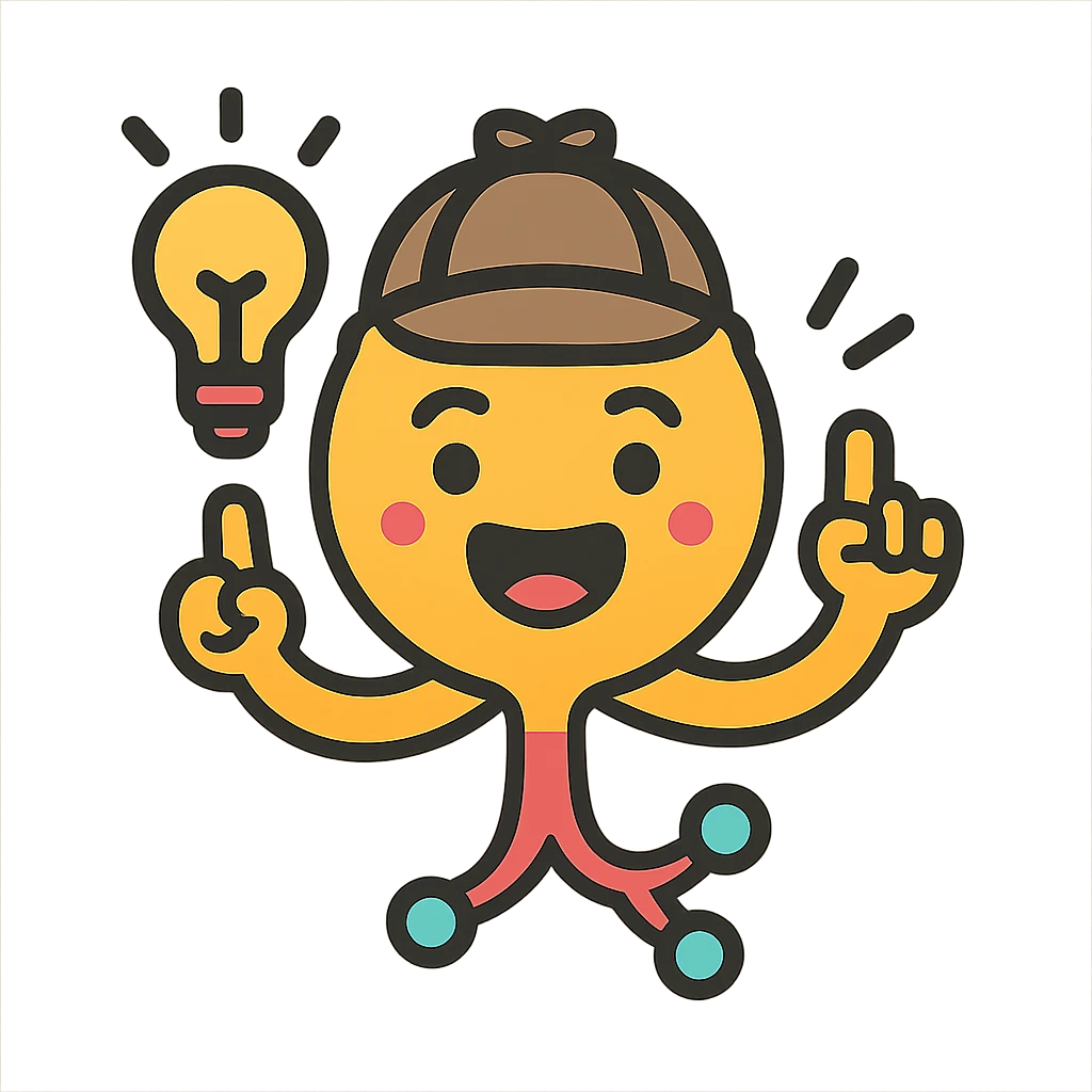 Remove the hair from the neuron and give it a detective hat. Make the neuron look excited as if it just found the answer. Use a colorful outlined icon style with a transparent background. emoji
