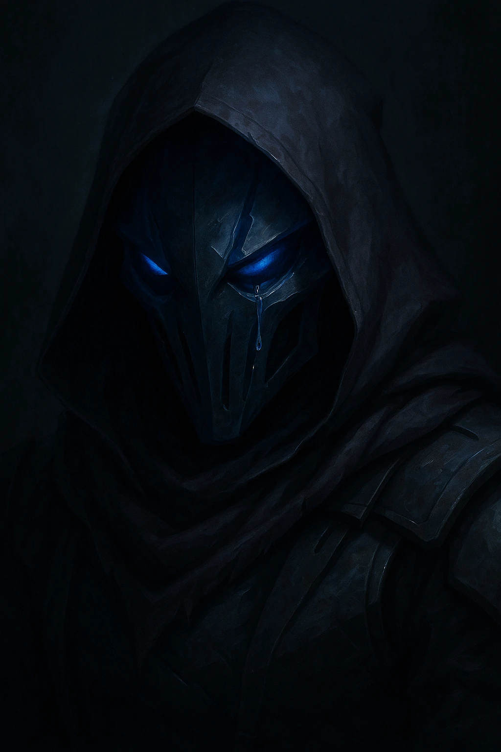 Sad Omen from Valorant, close-up, single tear, moody atmosphere, game-accurate design emoji