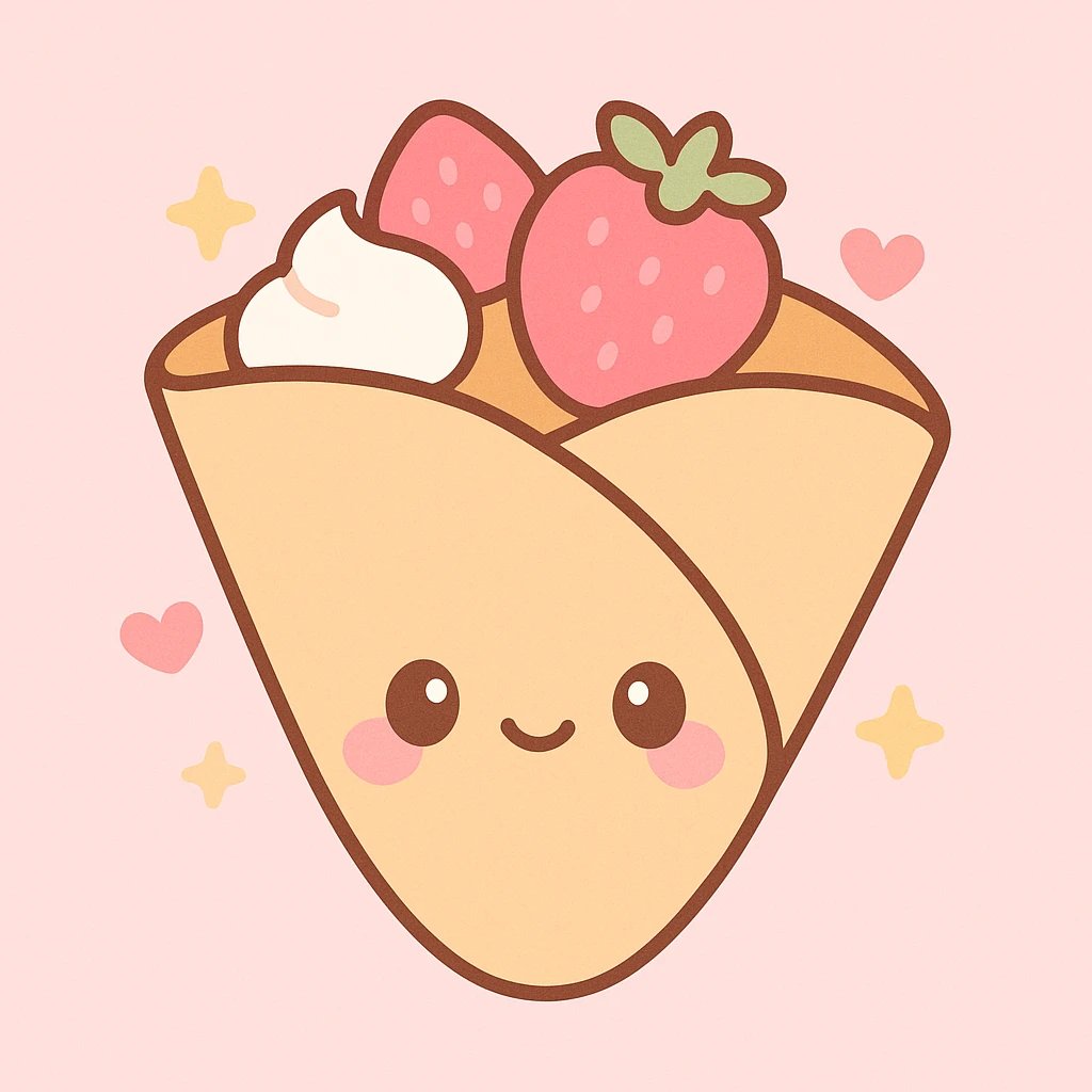 kawaii style french crêpes with a smiling face, folded with strawberries and whipped cream emoji