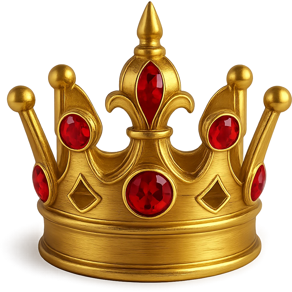 Add red jewels to the golden crown, keep the style detailed, shiny, elegant, with no background, maintain the golden crown's intricate and luxurious appearance with sparkling red jewels. emoji