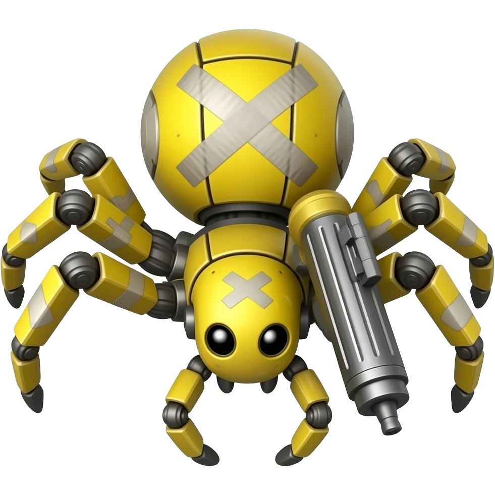 yellow Robot spider with some duct tape in a blaster on it's back top view emoji