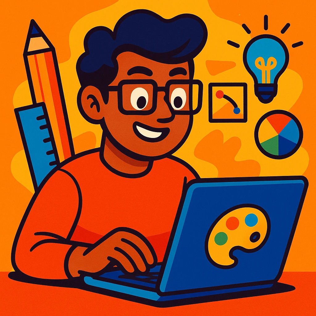 a designer with tan skin and square glasses using a laptop, vibrant cartoon style emoji