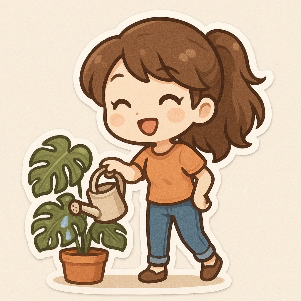 woman watering her monstera plant emoji