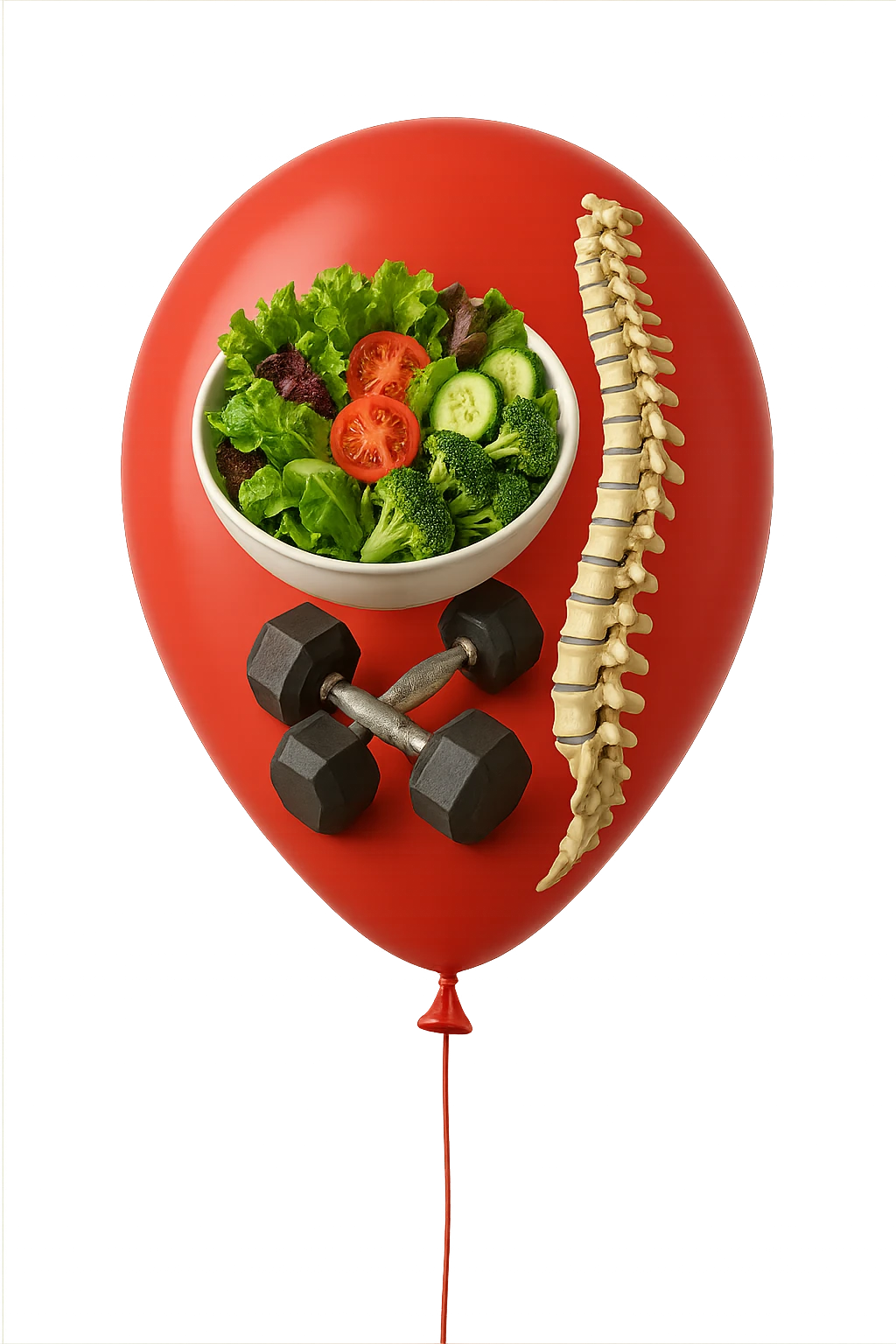 palloncino rosso con all'interno insalata, manubri da palestra e una spina dorsale anatomica realistica in 3d, isolato su sfondo bianco emoji
