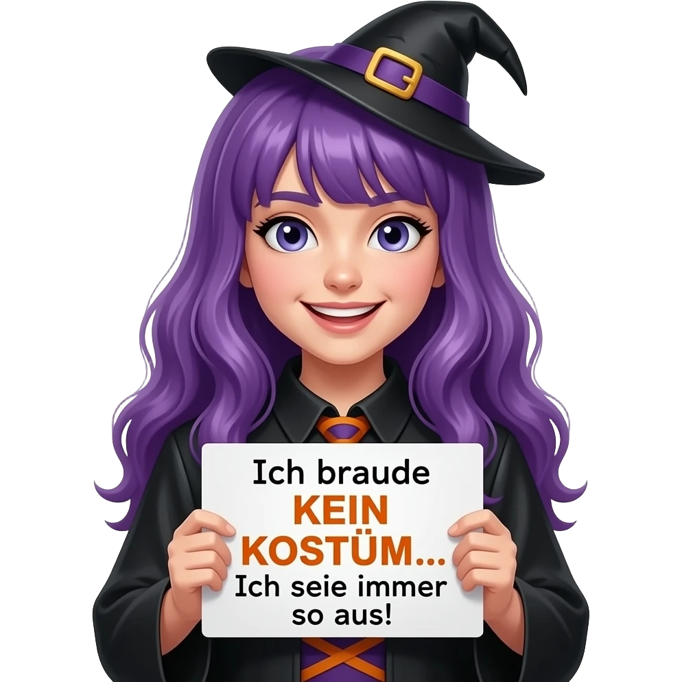 girl with long purple hair wearing a halloween costume holding a Ich brauche KEIN KOSTÜM... Ich sehe immer so aus! sign emoji