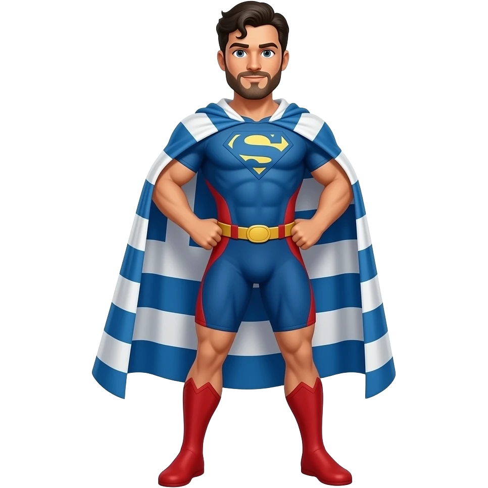 latin looking man with a short beard but is a superhero that wears a cape made of the Greek flag but his clothes aren't the flag and he is in a superhero pose emoji
