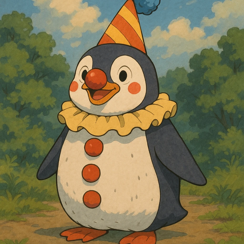 un pingouin clown, ghibli style emoji