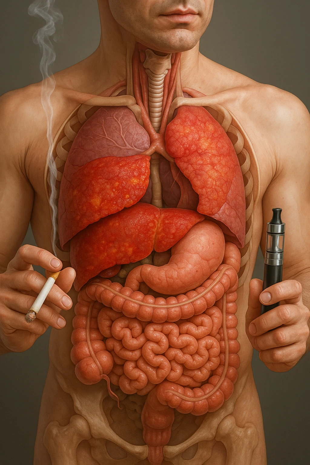 FANNE 10 CON LO STESSO IDENTICO STILE DEL CORPO UMANO CHE HO ALLEGATO , MA USANDO QUESTO COMANDO: A MEDICAL ILLUSTRATION OF A REALISTIC human body WITH INFLAMMED LIVER AND INTESTINE IN EVIDENCE, HOLDS A LIGHTED NORMAL CIGARETTE IN HIS RIGHT HAND, AN ELECTRONIC CIGARETTE IN HIS LEFT HAND IPERREALISTICA  4K emoji