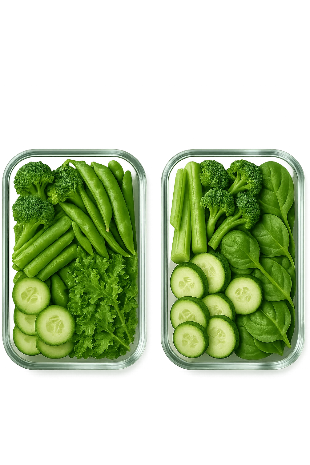 verdure tagliate e sistemate in due schiscette di vetro viste dall'alto, iperrealistico 4k emoji