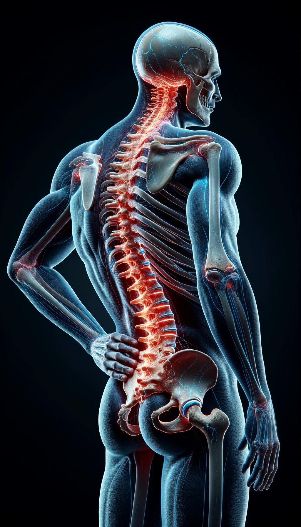 corpo umano anatomico di profilo e fisico storto, spina dorsale in evidenza, dolore alla schiena su un lato, iperrealistico 4k emoji