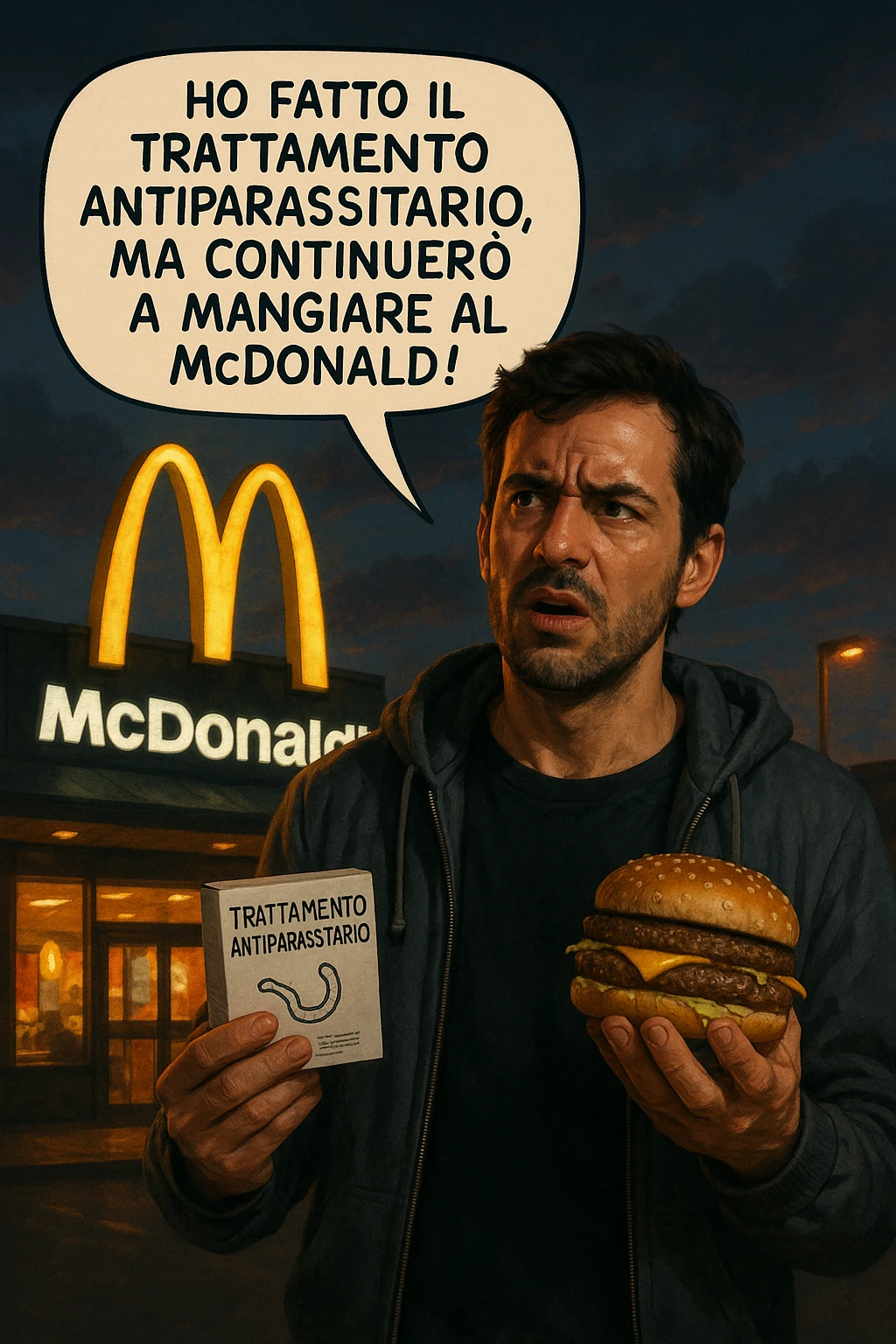 A realistic, cinematic illustration of a man in his early 30s with a confused yet stubborn expression, standing outside a McDonald's at dusk, holding a small box labeled 'Trattamento Antiparassitario' in one hand while holding a large McDonald's burger in the other. He is mid-sentence, saying 'Ho fatto il trattamento antiparassitario, ma continuerò a mangiare al McDonald!' in an expressive speech bubble. The man wears casual streetwear, and behind him, the McDonald's golden arches glow under a neon-lit sky. The mood is ironic and educational, highlighting the contradiction of doing parasite cleanses while continuing unhealthy fast-food habits. The style is realistic with slight illustrative clarity, emphasizing the message humorously while maintaining a serious undertone about lifestyle choices and health in italiano emoji