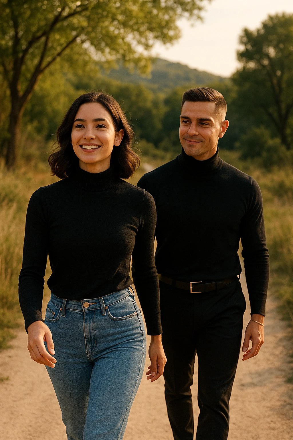 a man and a woman walk together along a winding path in a natural landscape. In one version, the woman leads confidently while the man follows a few steps behind, looking at lei con ammirazione. In un’altra versione, i ruoli sono invertiti, con l’uomo che guida e la donna che lo segue sorridendo. La scena trasmette l’idea che entrambi possano guidare o seguire, a seconda del momento. emoji