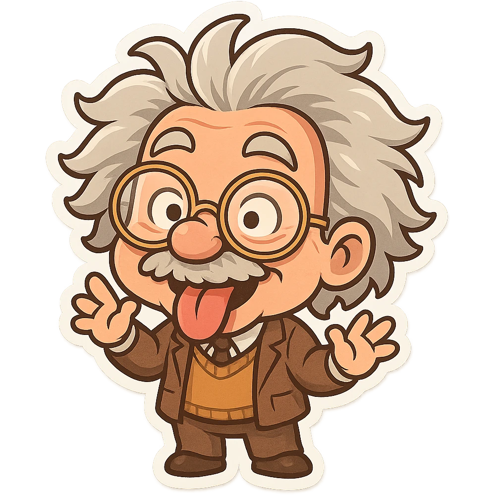 Eccentric Einstein with glasses, goofy grin, zany face, cartoon style, exaggerated playful features emoji