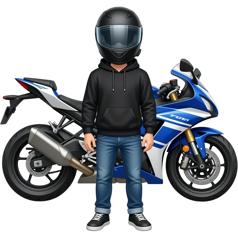 young man with blue jeans and a black hoodie wearing a black motorcycle helmet, it covers his face completely and in front of him is standing a blue white motorcycle emoji