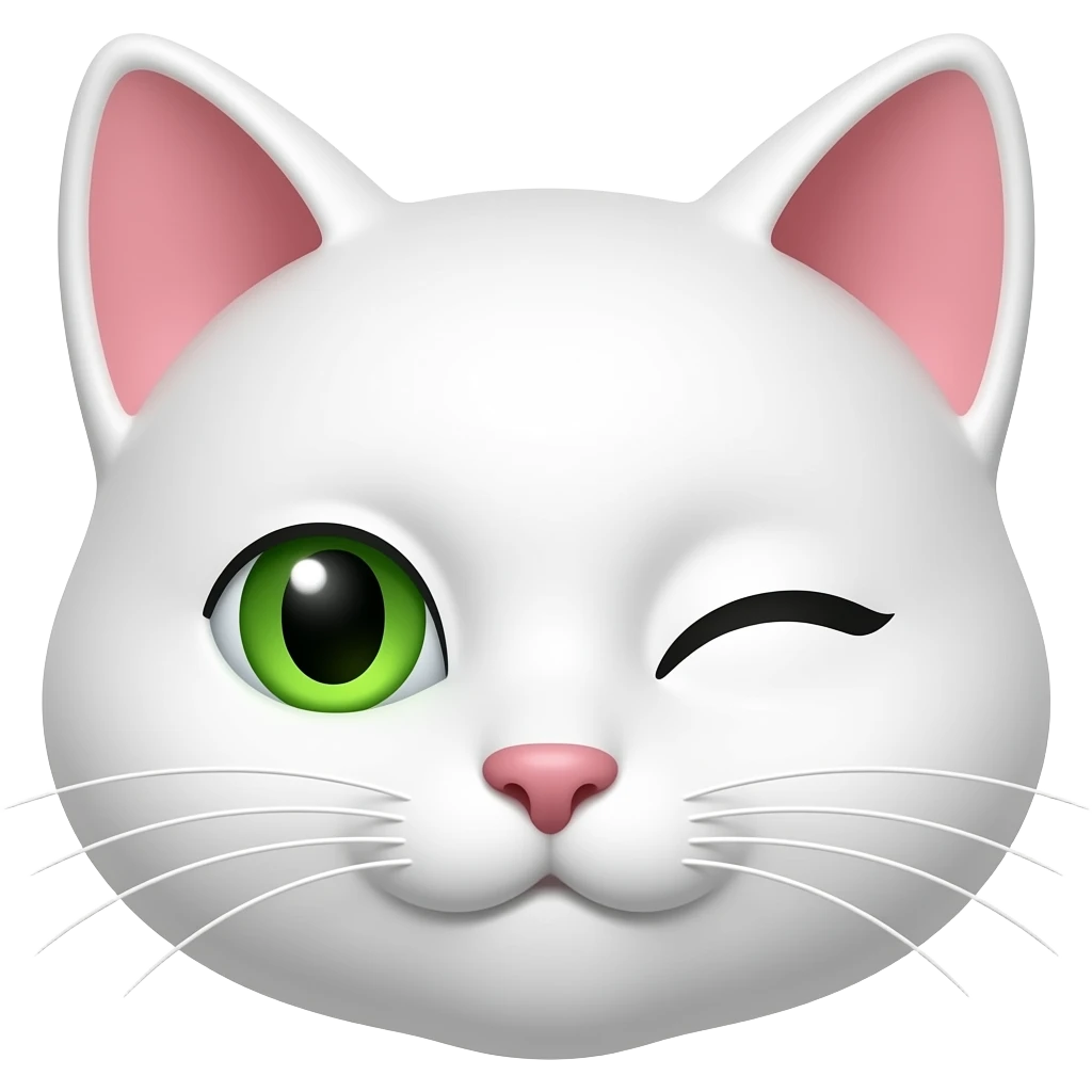 a white sly cat face with green eyes winking emoji