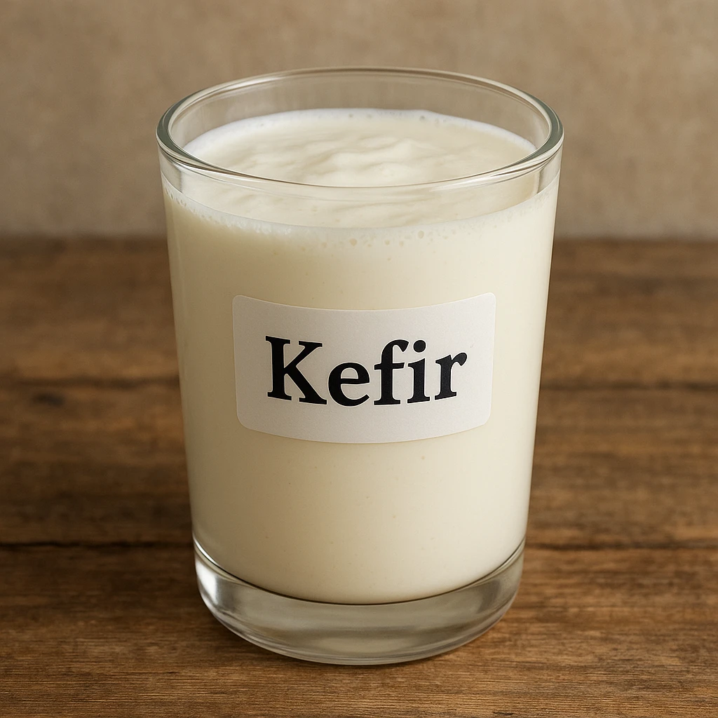 photo realistic glass of creamy white kefir with the label 'Kefir' in Italian emoji