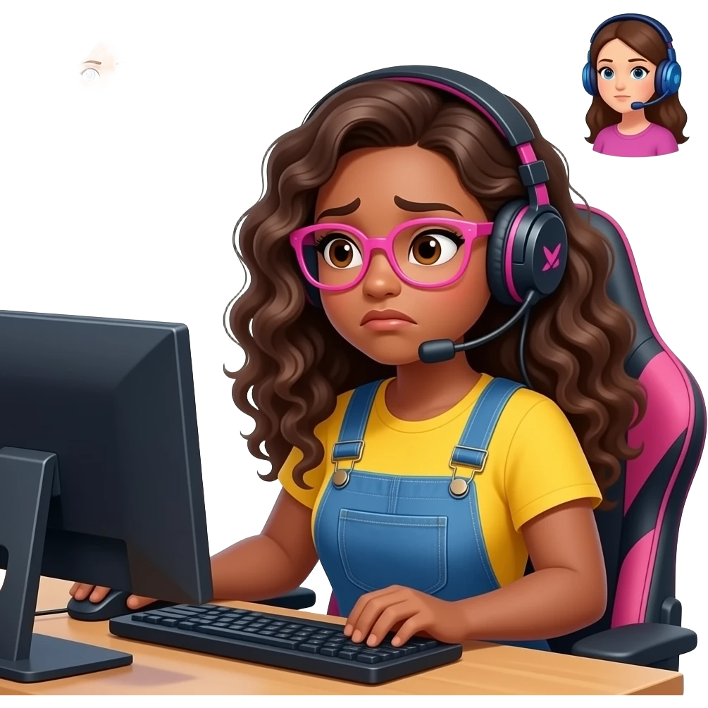 A curvy tan woman with long curly hair and pink glasses, wearing overalls and a yellow shirt, wearing a gaming headset,sitting at her computer, looking disappointed, with the words "so no banging VC?" And some floating avatars of people in gaming headsets emoji