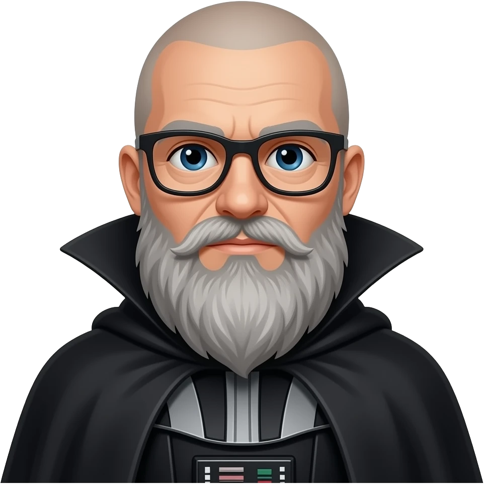 skinhead man with long greyish beard black glasses in a star wars dark side cape emoji