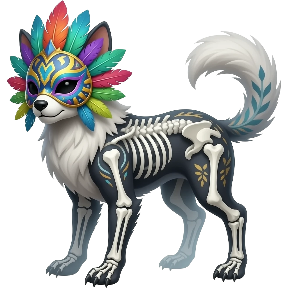 Tropical colorful feathered-masked white-skeletal gloomy foggy eldritch beautiful realistic edgy fantasy vernid-sergal-fursona animal creature with a tufted tail full body with intricate markings emoji