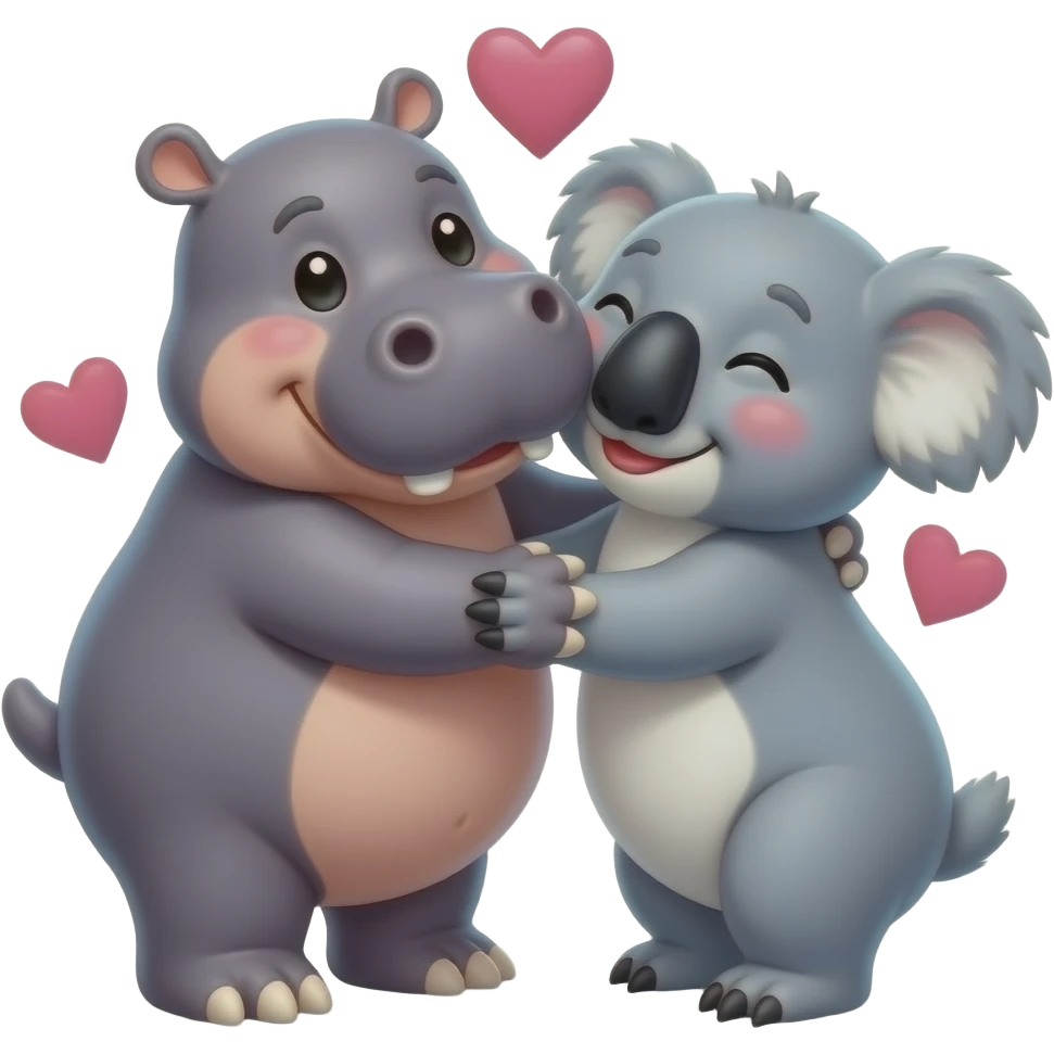 Hippo kissing a koala face in love. Cuddling.  Hugging.  Realistic. Not cartoon.  Hearts. emoji