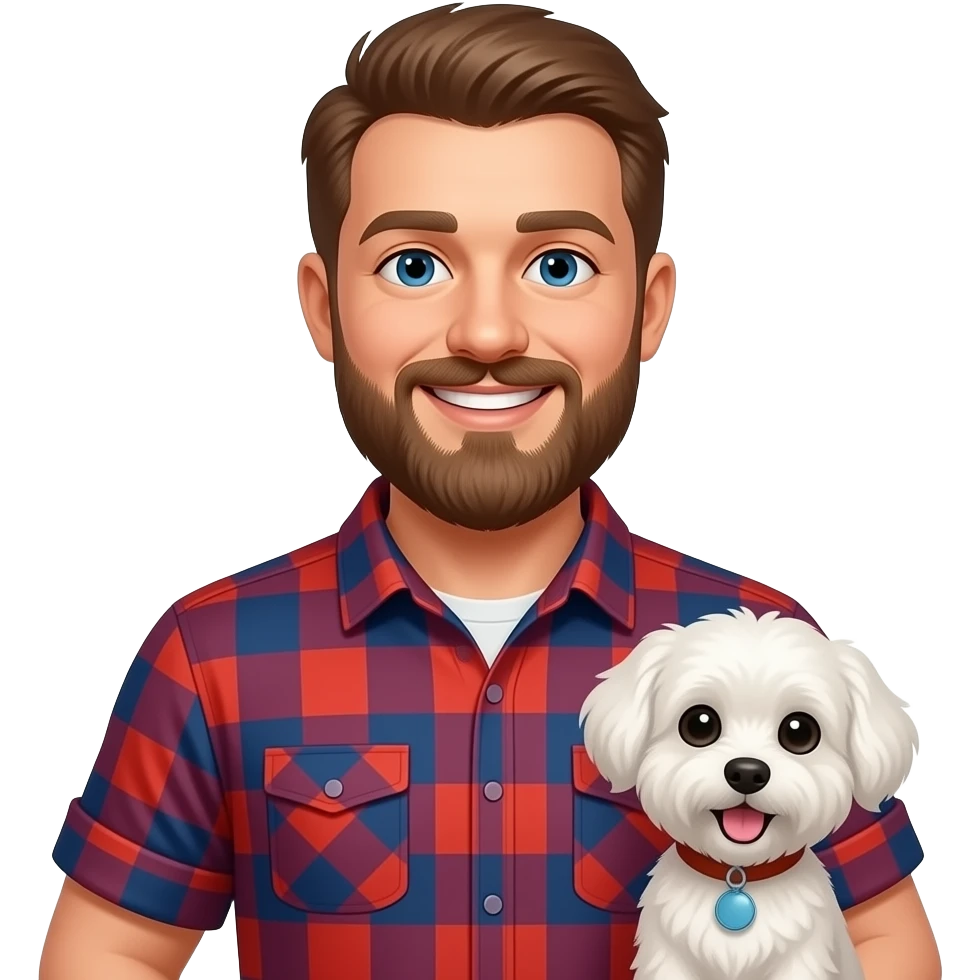 a developer, polish, very tall, big guy , always in good mood, often wearing lumber jack shirt, has some French beard, a white small dog, really into sailing emoji