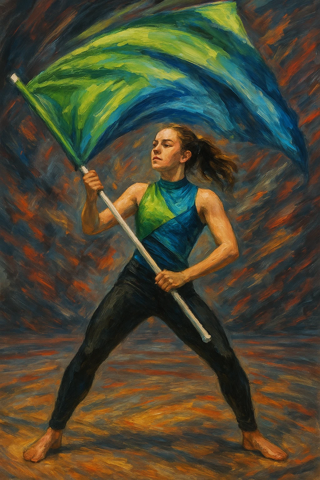 colorguard girl with a green and blue flag, black leggings, green and blue top, mid-performance, confident stance emoji