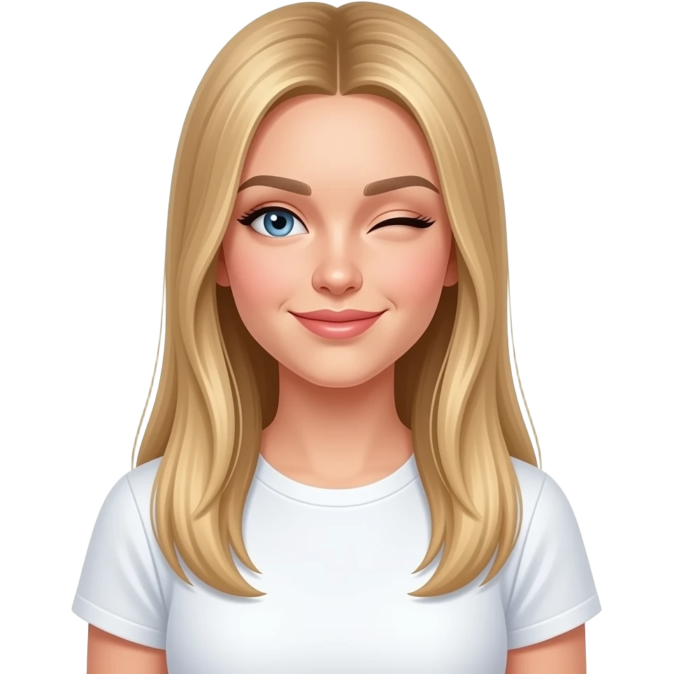 bella ragazza russa bionda capelli lisci lunghi e occhi chiari, con maglietta bianca e Winking emoji