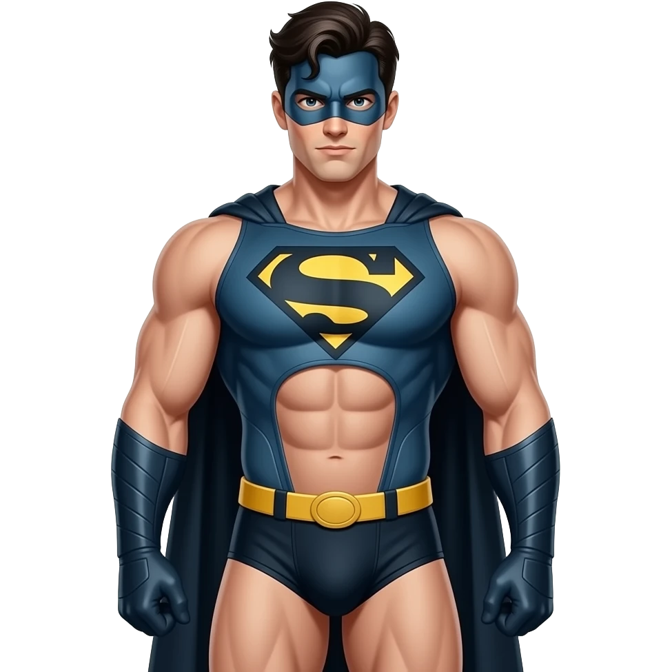upper body male figure with superhero face, hair, and body standing with muscular build in thin, narrow superhero-themed underwear emoji