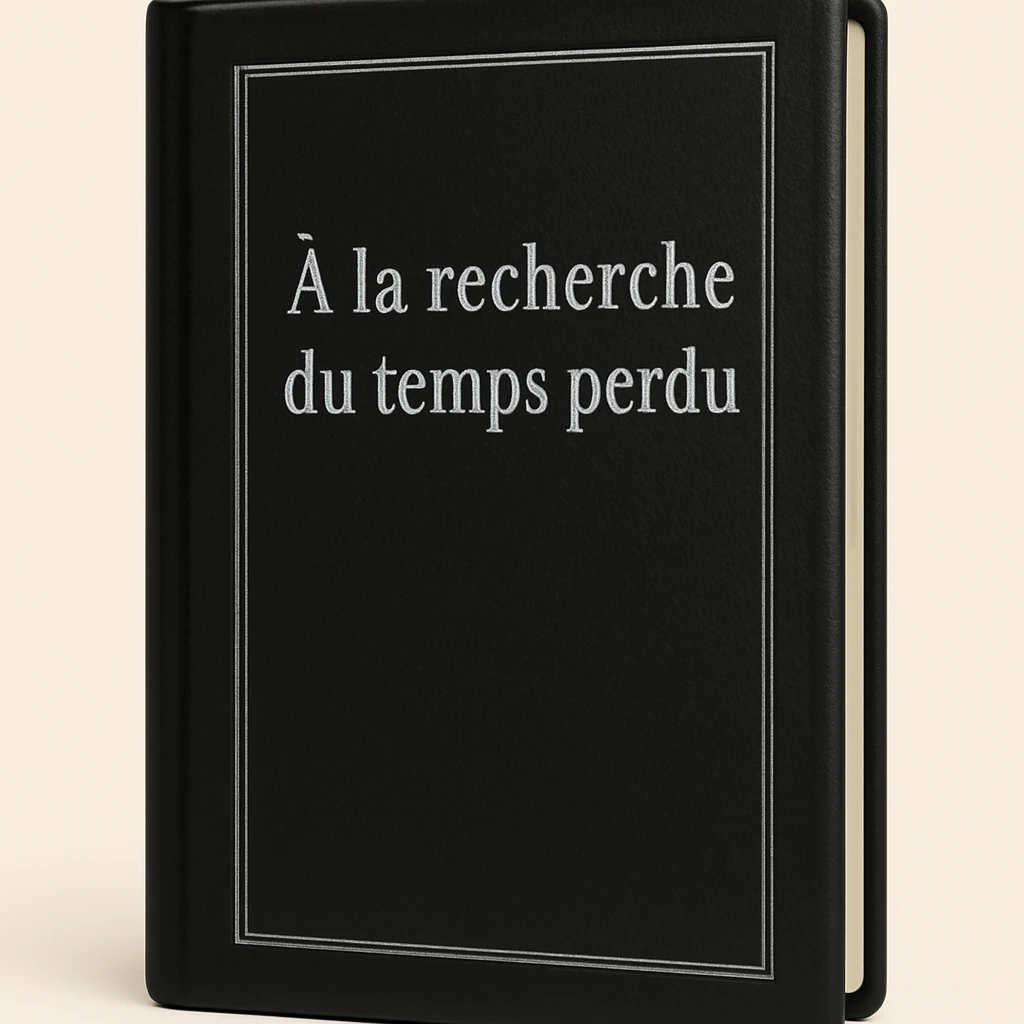 Edit the emoji of a classic French book inspired by 'À la recherche du temps perdu' with a black cover and silver title. The style should be elegant, minimal, and no text on the cover. Maintain the classic book look with a refined and simple design. emoji