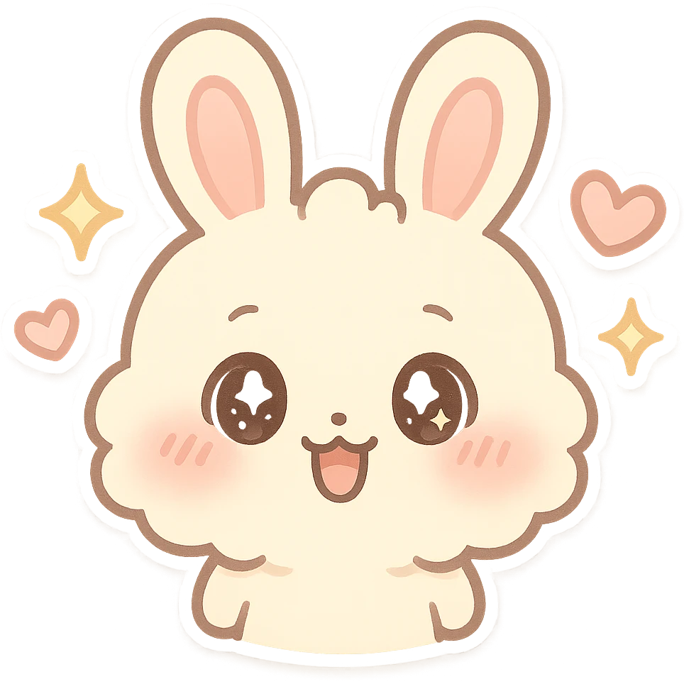 kawaii chibi-style bunny emoji with a round fluffy face, sparkly eyes, blushing cheeks, pastel color palette, happy mood, soft rounded design, anime-style, sparkles and hearts, vector art emoji