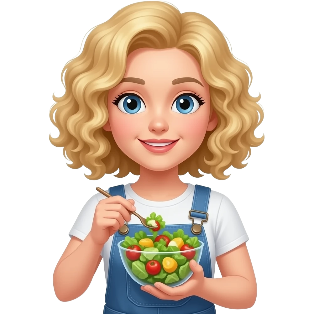 blonde tight curly hair in a bob eating a salad in a jumpsuit emoji