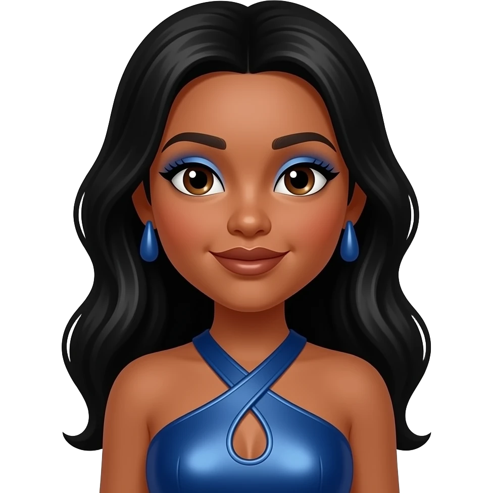 Millie from The Next Kidz with medium skin, brown eyes, long black hair, blue eyeshadow, brown lipstick, indigo metallic halter dress, blue earrings emoji