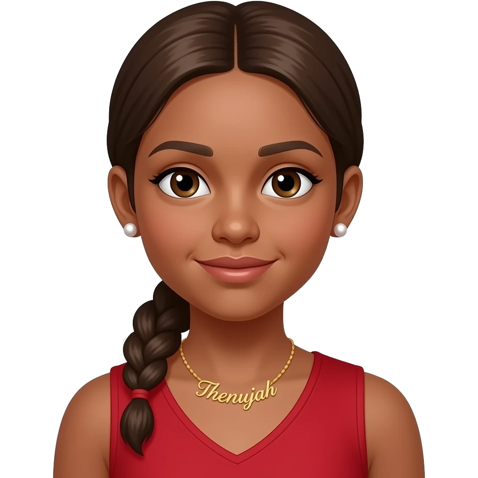Make a girl that looks real and not 100% AI generated. A girl with light brown skin with low ponytail put it in front. She has pearl earrings and a necklace that says ‘Thenujah’ in cursive gold. She is skinny make her face a v shape. She is wearing red. She is 12 years old. Ponytail not  very skinny emoji