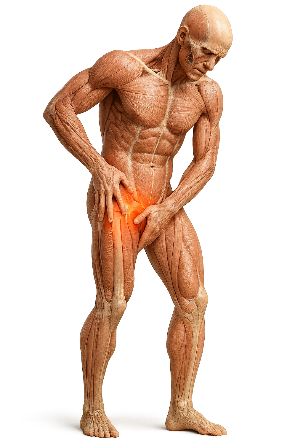 CORPO UMANO ANATOMICO A FIGURA INTERA REALISTICO CHE SI TOCCA L'ANCA INFIAMMATA, DOLORE ALL'ANCA, IPERREALISTICO 4K emoji