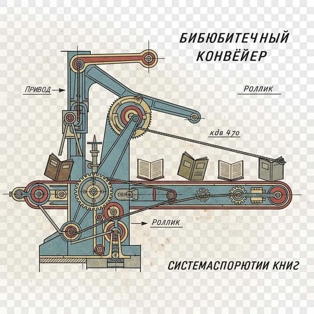 Книги едут по специальной механизированной ленте в библиотеке СССР 1920-е годы

Стиль - архивные цветные чертежи и документы

Прозрачный фон emoji